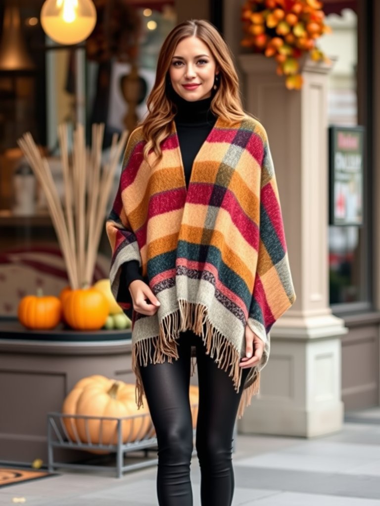 Boho fall outfit: Poncho with leather shorts