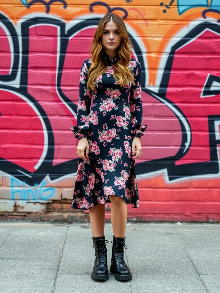 Contrasting fall outfit with floral dress and combat boots
