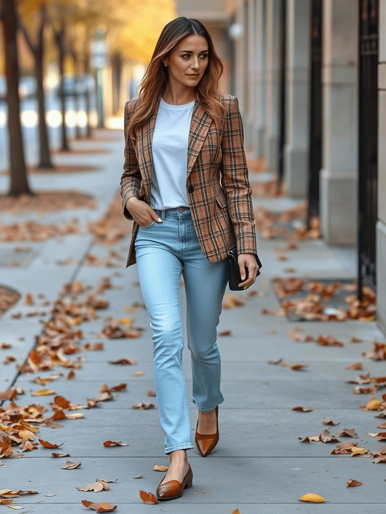 Woman in plaid blazer and jeans for casual chic fall outfit