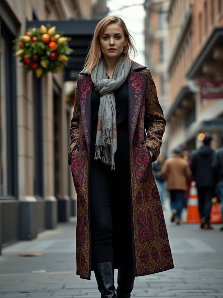 Boho fall outfit: Tapestry coat with skinny scarf