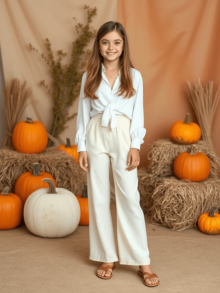 Teen girl in tie-front top and wide-leg pants for trendy autumn style