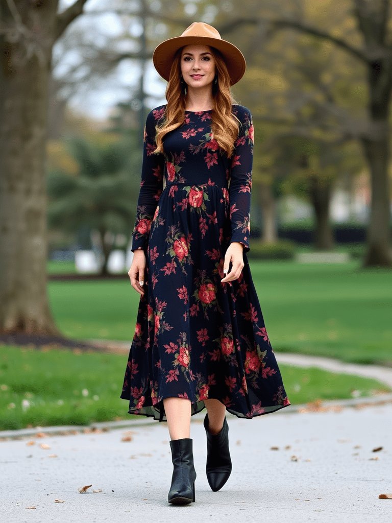 Romantic floral midi dress and ankle boots outfit for fall from Shein