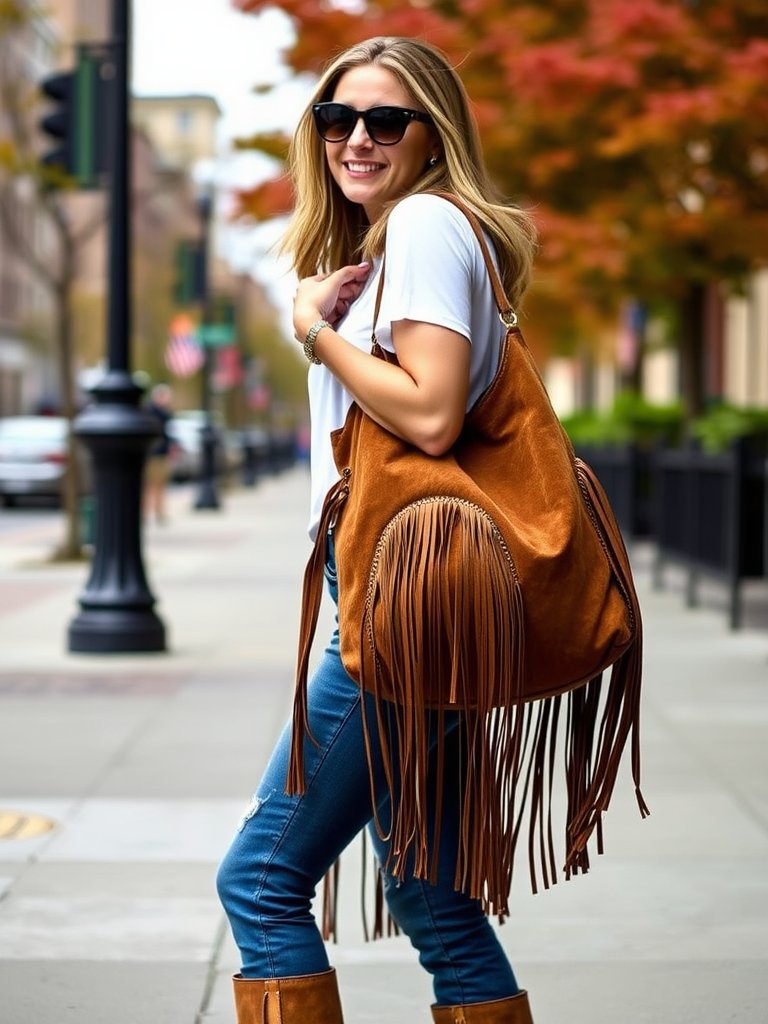 Boho fall outfit: Fringe bag with bootcut jeans