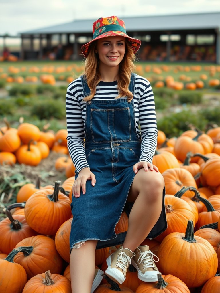 90s casual fall outfit: bucket hat and overalls dress