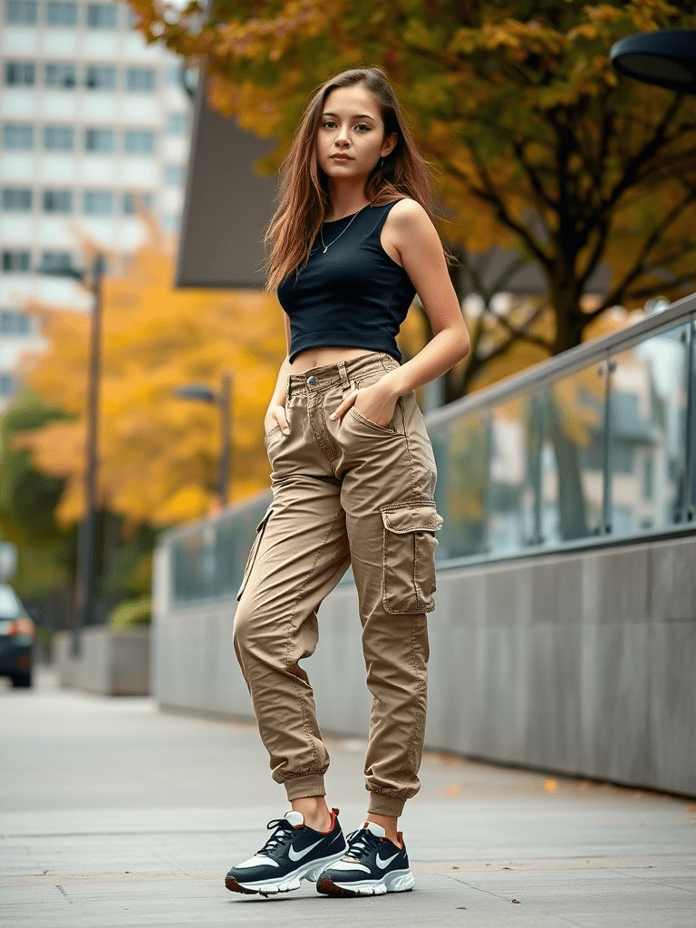 Teen girl in cargo pants and crop top for trendy fall outfit