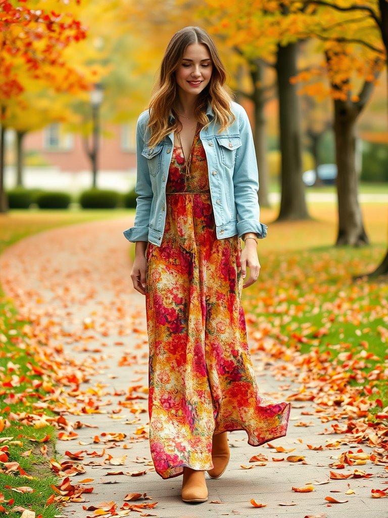 Boho fall outfit: Maxi dress and denim jacket for a free-spirited autumn look
