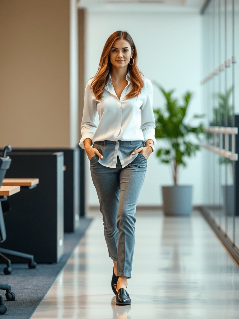 Woman in tailored pants and loafers for minimalist work outfit