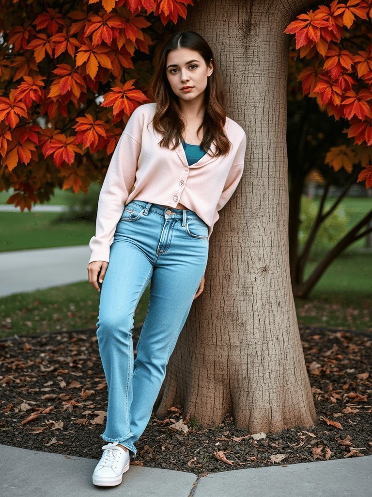 Teen girl in cropped cardigan and mom jeans for trendy autumn look