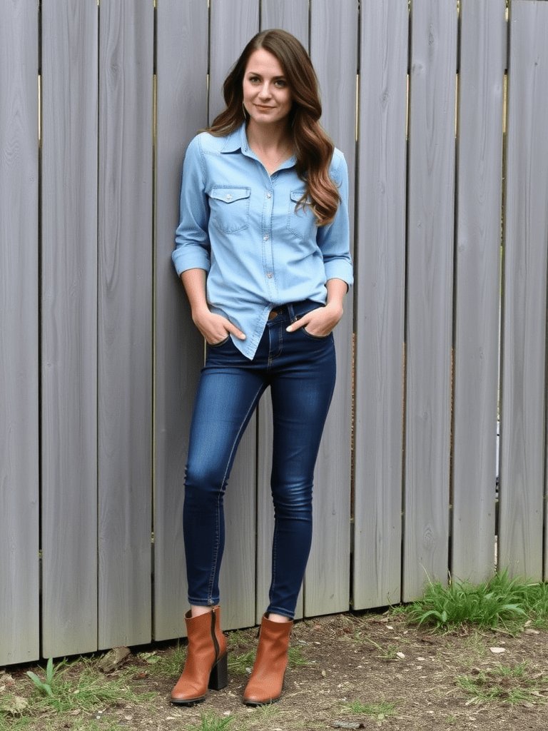 Woman in denim on denim outfit for simple fall look