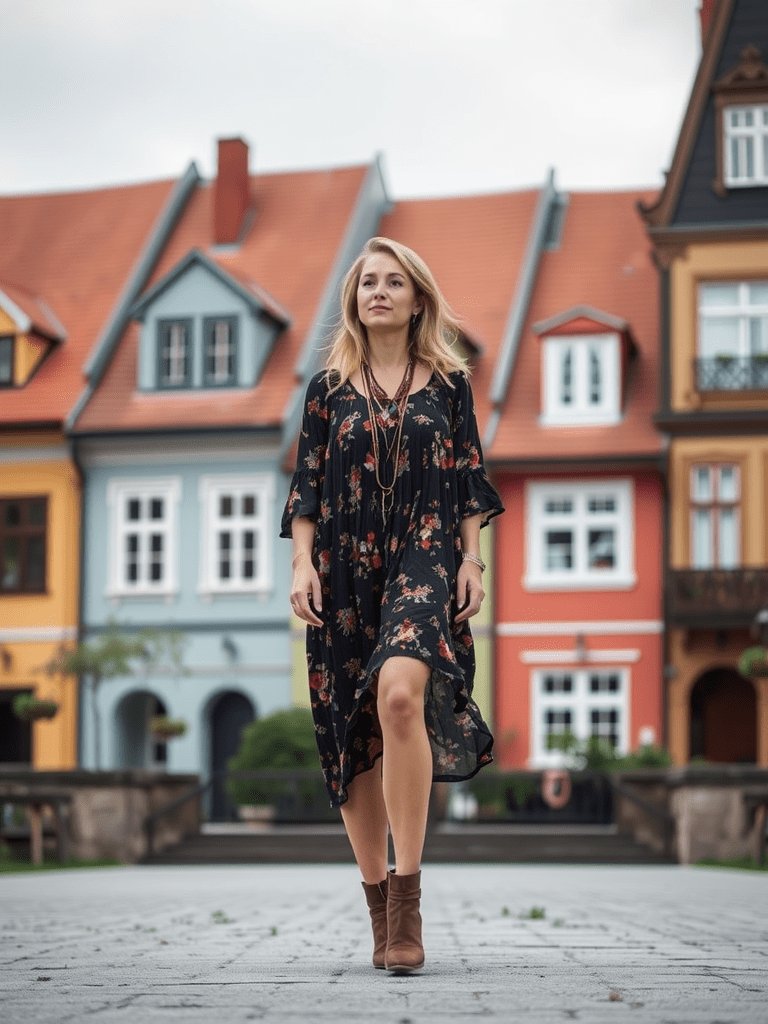 Czech-inspired bohemian fall outfit with flowy dress and ankle boots