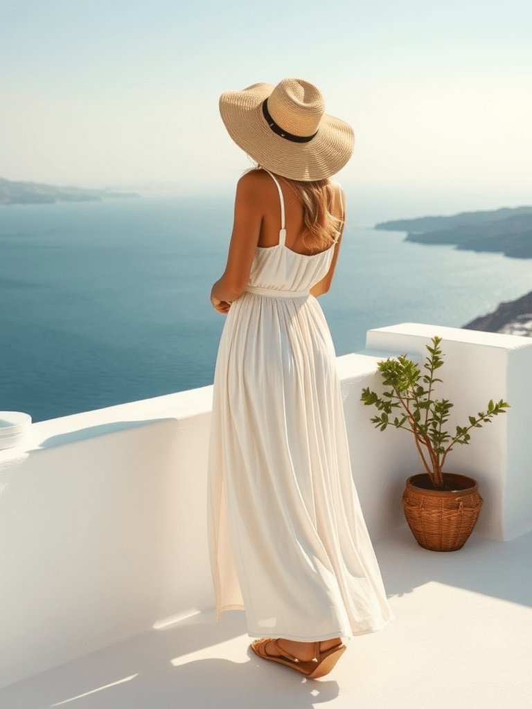 Greek-inspired fall outfit with flowing maxi dress and wide-brimmed hat