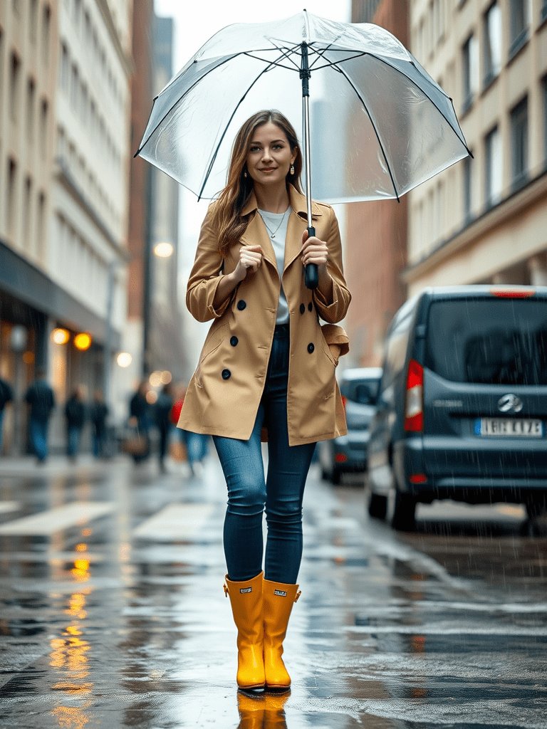 Rainy day fall outfit with trench coat and rain boots