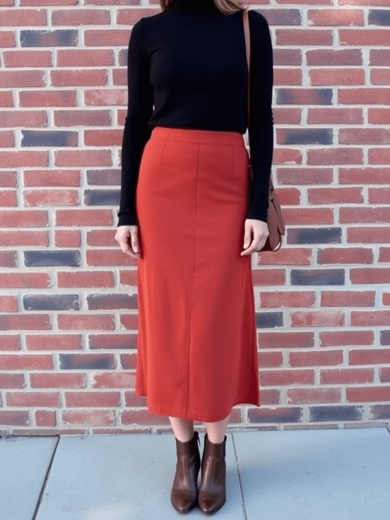 Woman in midi skirt and turtleneck for simple autumn outfit