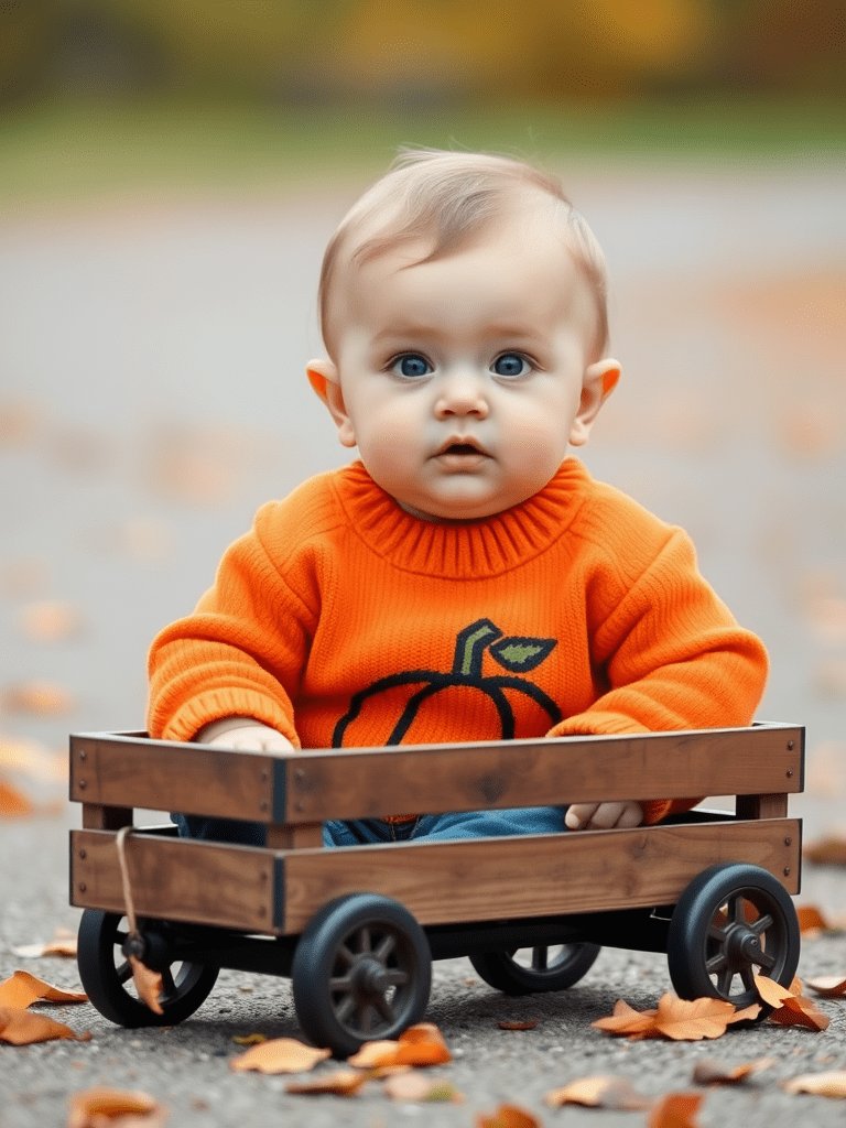 Baby boy in pumpkin sweater sitting in wooden wagon