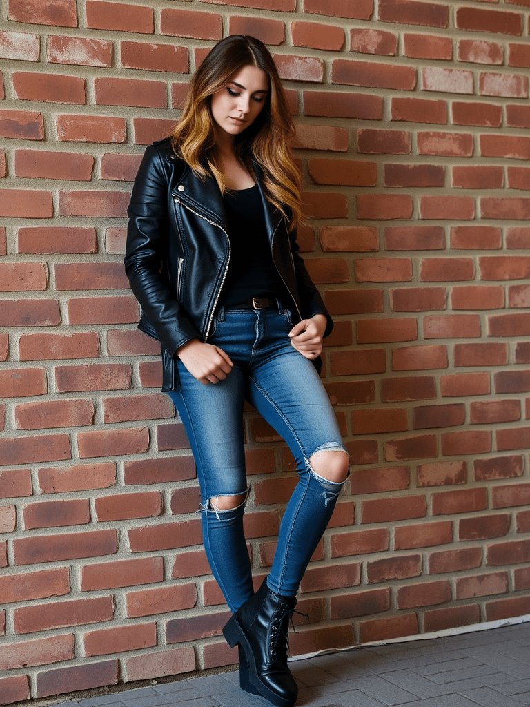 Edgy fall outfit with leather jacket and combat boots