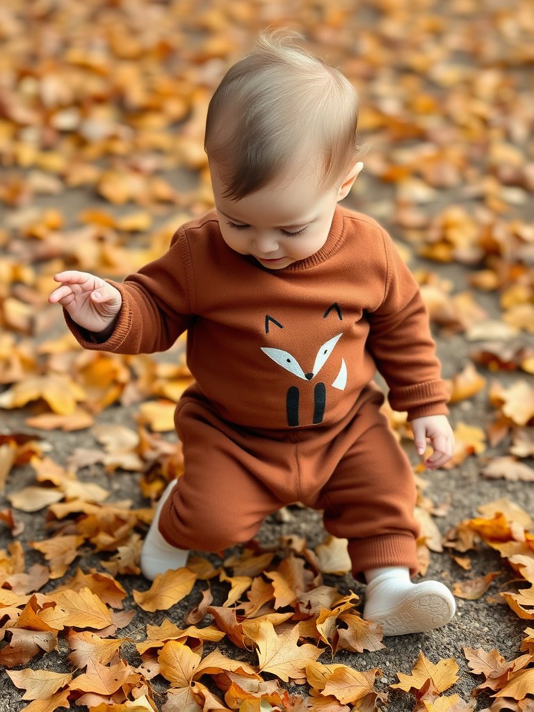 Baby boy in fox print romper playing with autumn leaves