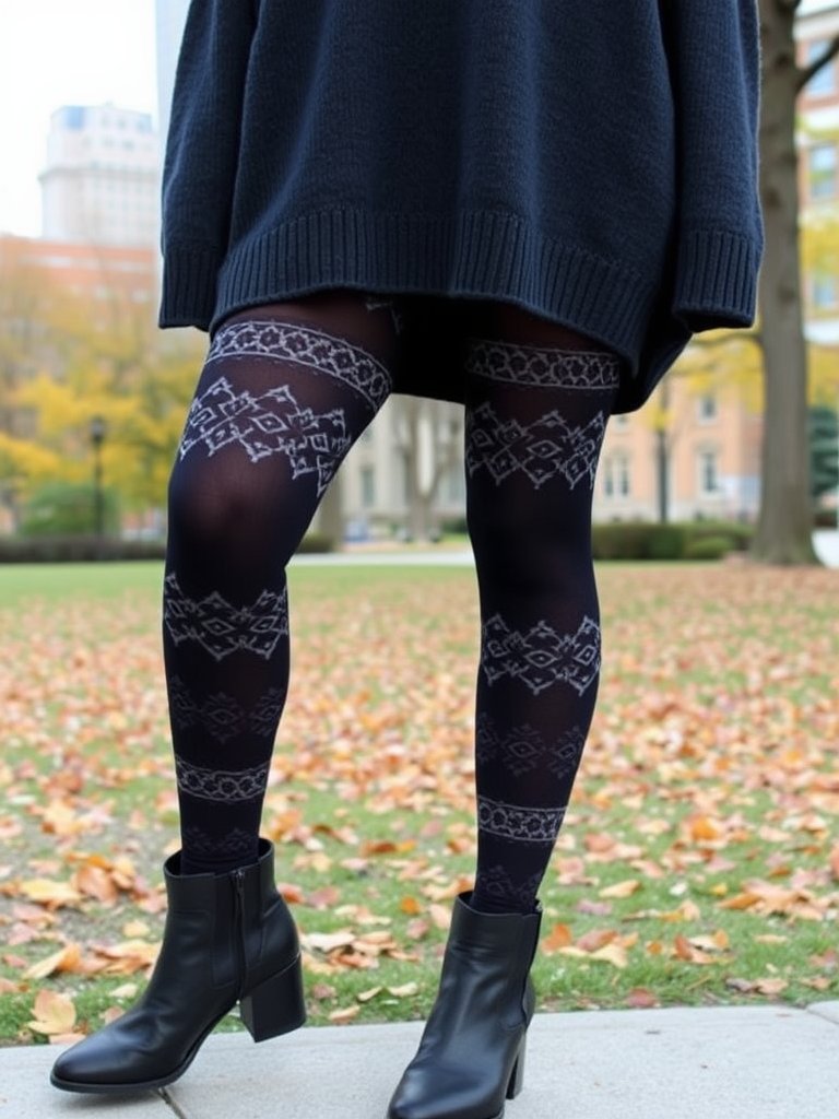 Edgy fall outfit: Graphic tights with oversized sweater